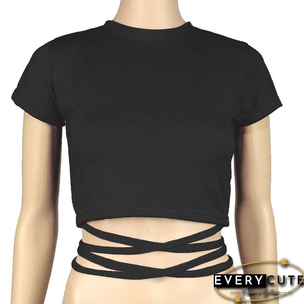 New O Neck Solid Tshirt Women Summer Cross Bandage Tee Sexy Short Sleeve Camisole Casual Tank Top Fashion Female Crop Tops Shirt