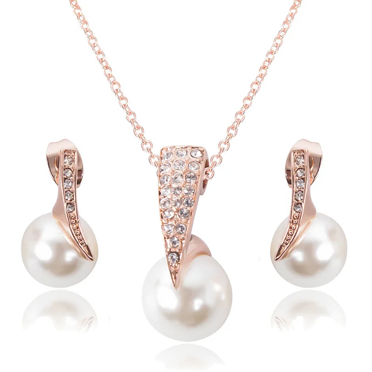 Wedding White Pearl Diamond Earrings Necklace Two Piece Jewelry Set  Flycurvy [product_label]