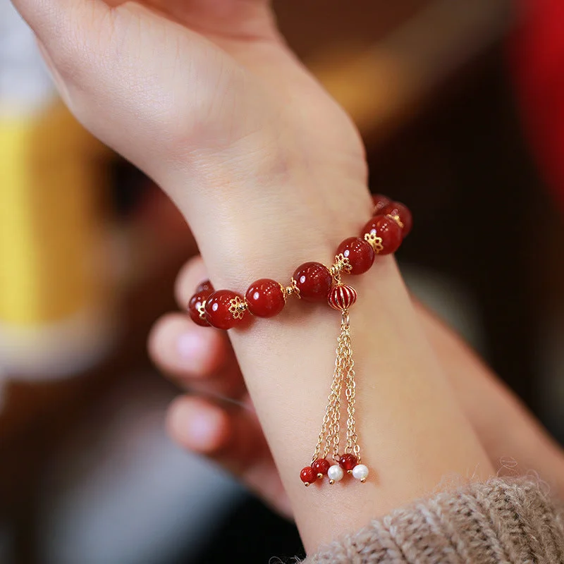 Lantern Red Agate Tassel Bracelet