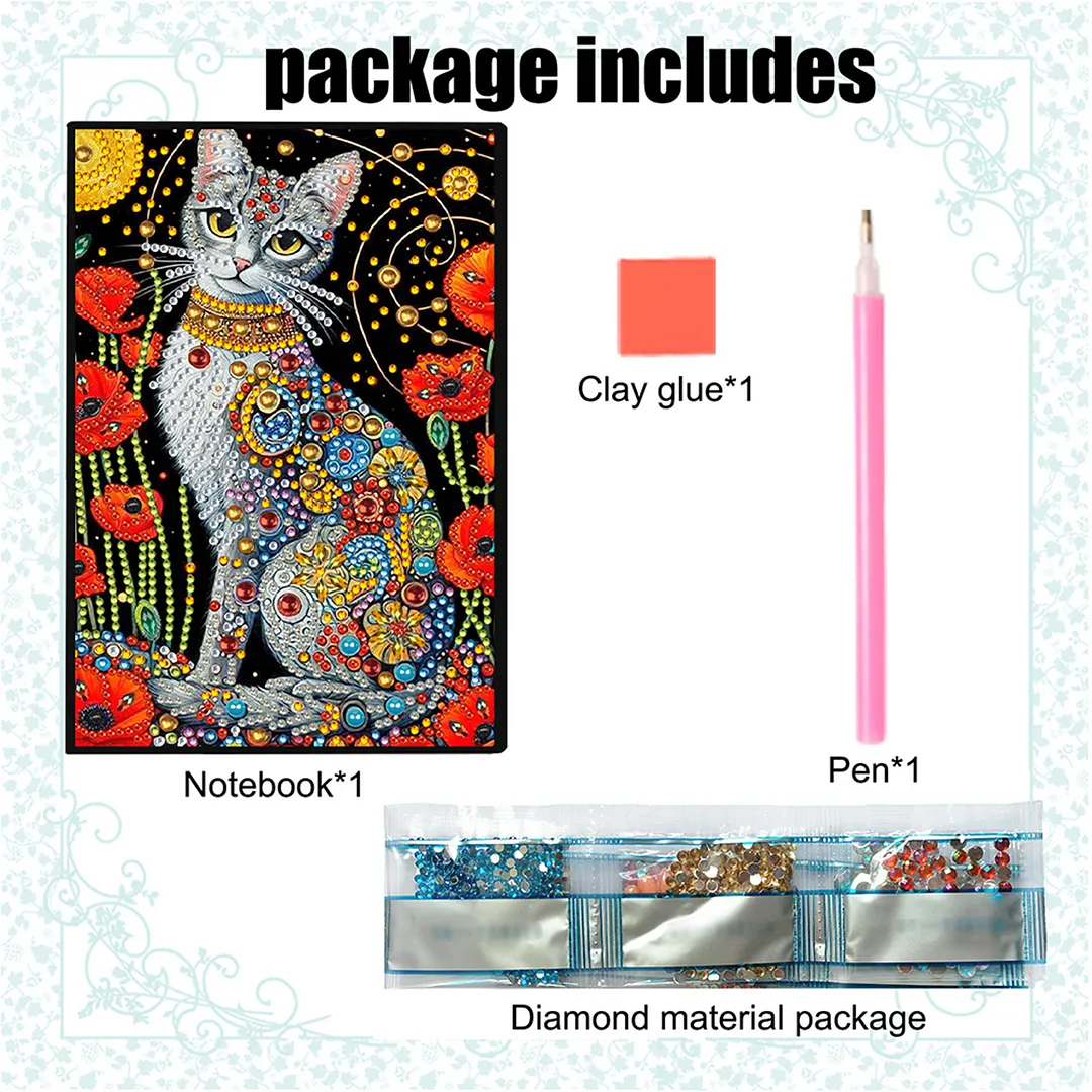 DIY Flower Diamond Painting Journals Notebooks 50 Pages A5 No Lines Special Shaped Diamond Art Kits for Beginners Craft Lovers and Artists (Cat and Flower)