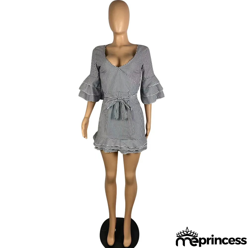 Women's Spring Summer Stripes Print V-Neck Ruffled Layer Casual Dress