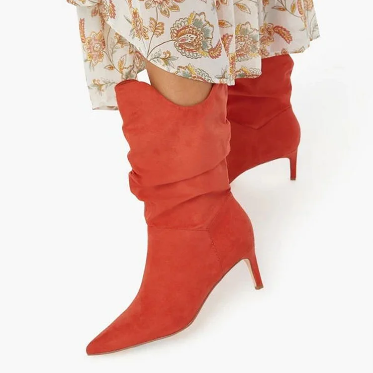 Red Pointed Suede Boots Elegant Kitten Heels Folded Mid Calf Boots |FSJ Shoes
