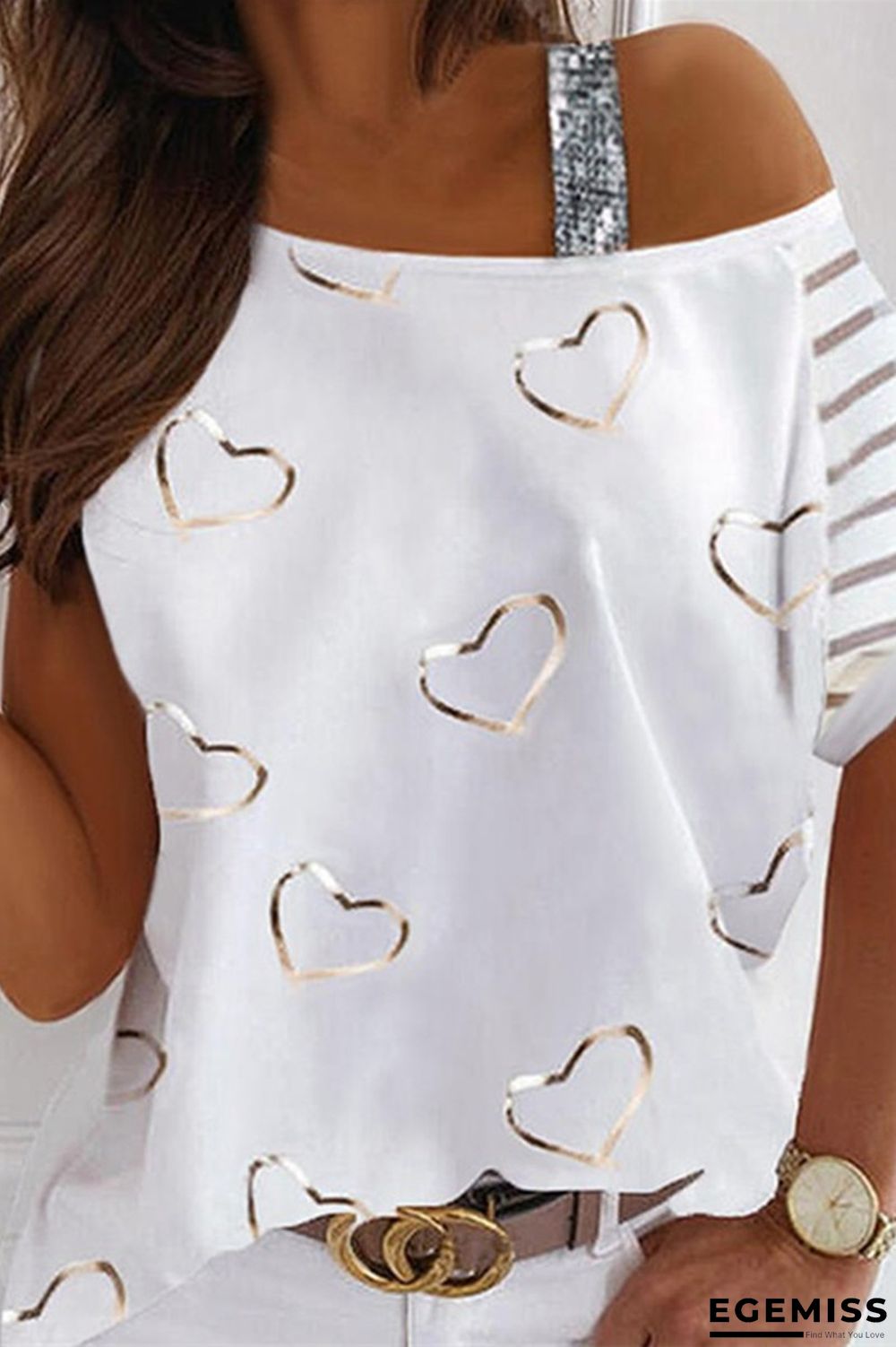 White Fashion Casual Print Patchwork O Neck T-Shirts | EGEMISS