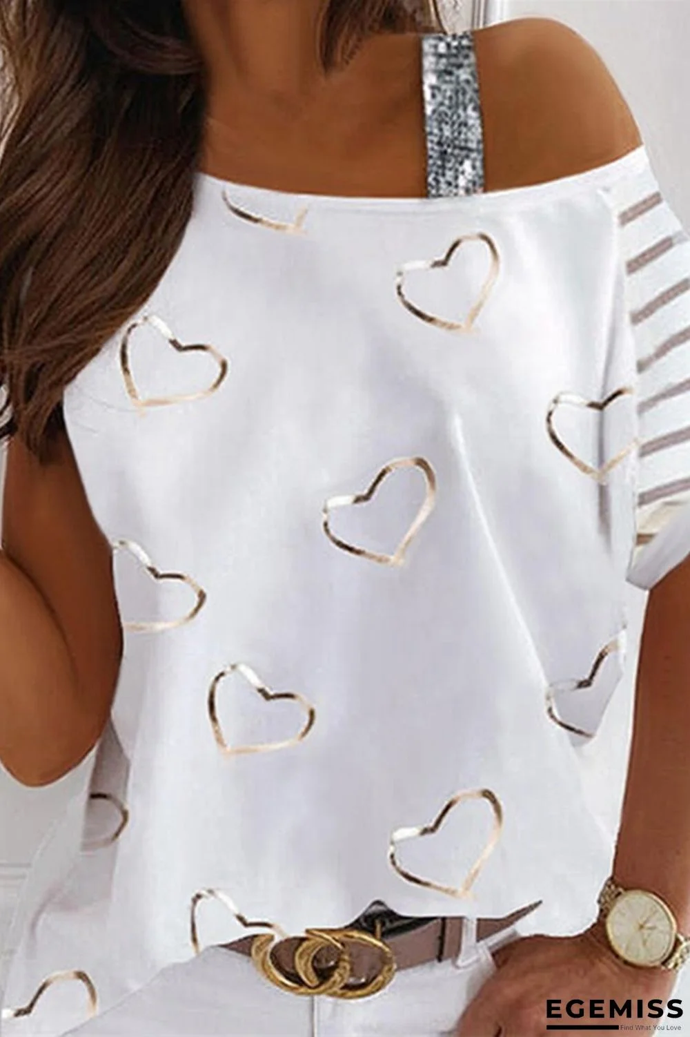 White Fashion Casual Print Patchwork O Neck T-Shirts | EGEMISS