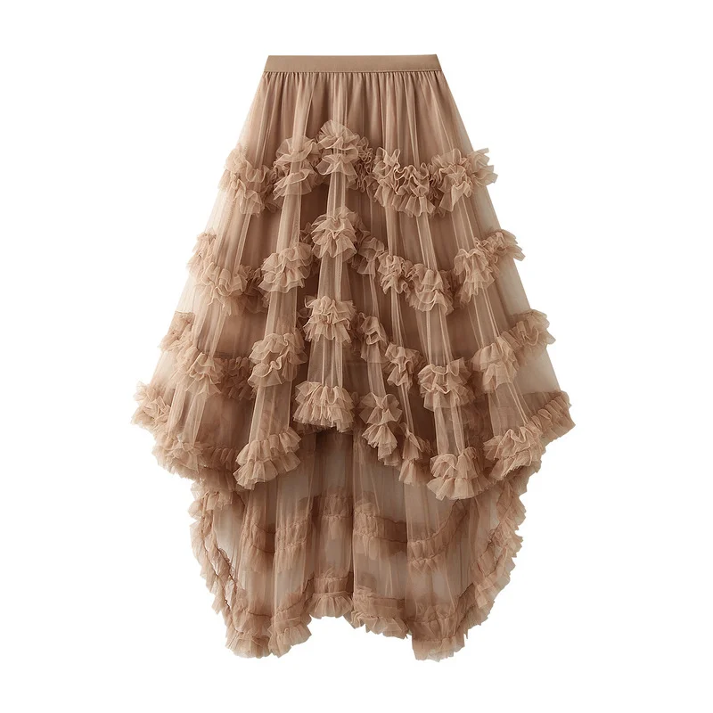 Nigikala Nigikala Skirt Candy Loose Waist Fairy Net Yarn Skirt Fluffy Irregular Lotus Leaf Side Cake Skirt 1376