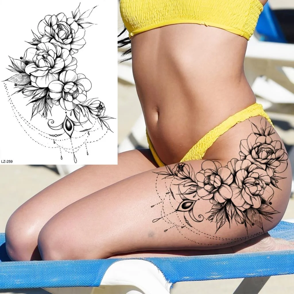Sdrawing Rose Flower Moon Temporary Tattoos For Women Adult Pendant Peony Lotus Fake Tattoo Calf Thigh Body Art Waterproof Tatoos