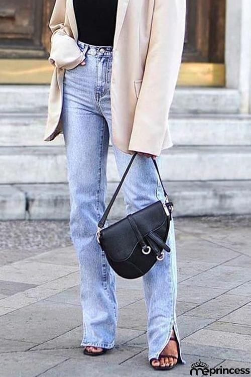 High Waist Ripped Slit Jeans