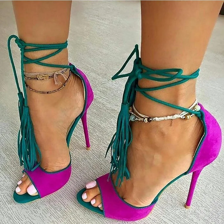 Magenta and Green Stiletto Heels Vegan Suede Lace Up Strappy Heels Pumps |FSJ Shoes