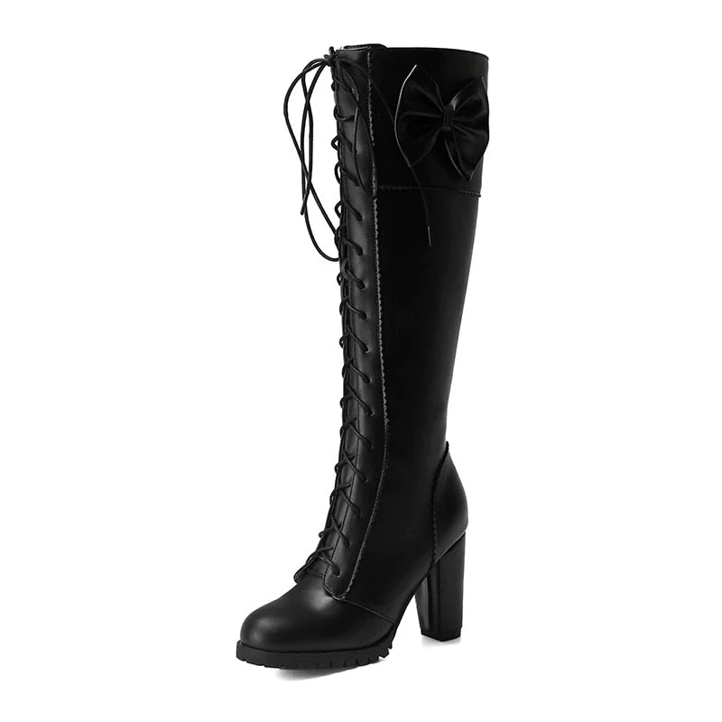 Gdgydh 2021 Autumn Winter Women Knee-High Motorcycle Boots Thick Heel Platform Bow-knot Female Wedding Boots Plus Size 48 Gothic