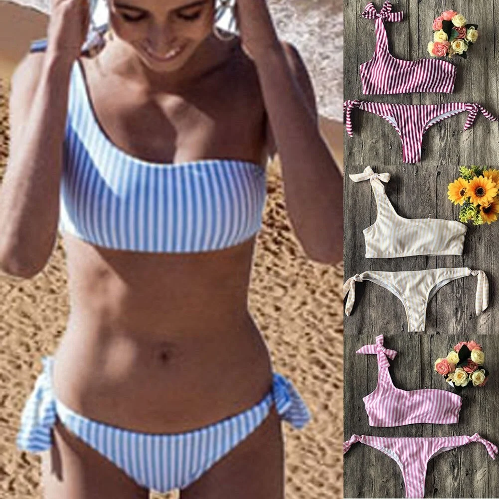 Women Sexy Off Shoulder Striped Swimsuit Halter Bandage Bikini Swimwear Bathing Suit Swimming Suit