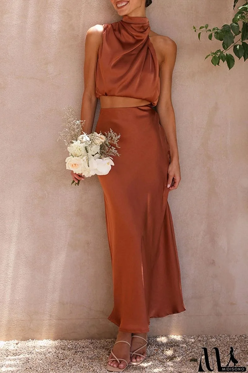 MidiSono - Celebrities Elegant Solid Solid Color Halter Sleeveless Two Pieces