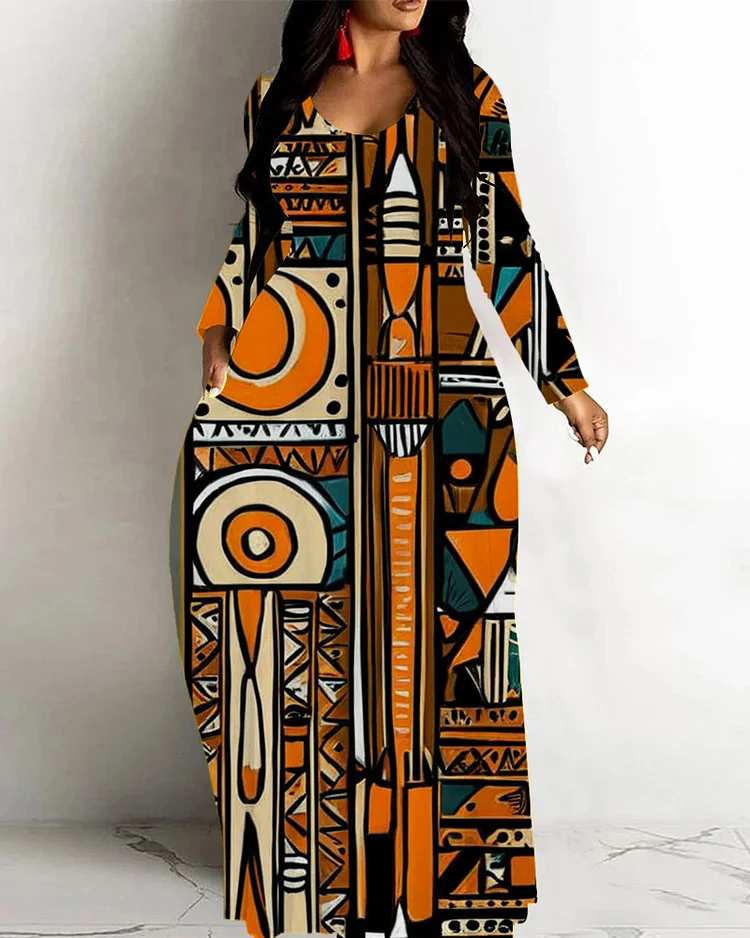 Retro Ethnic Print Loose Hem Long Sleeve Maxi Dress