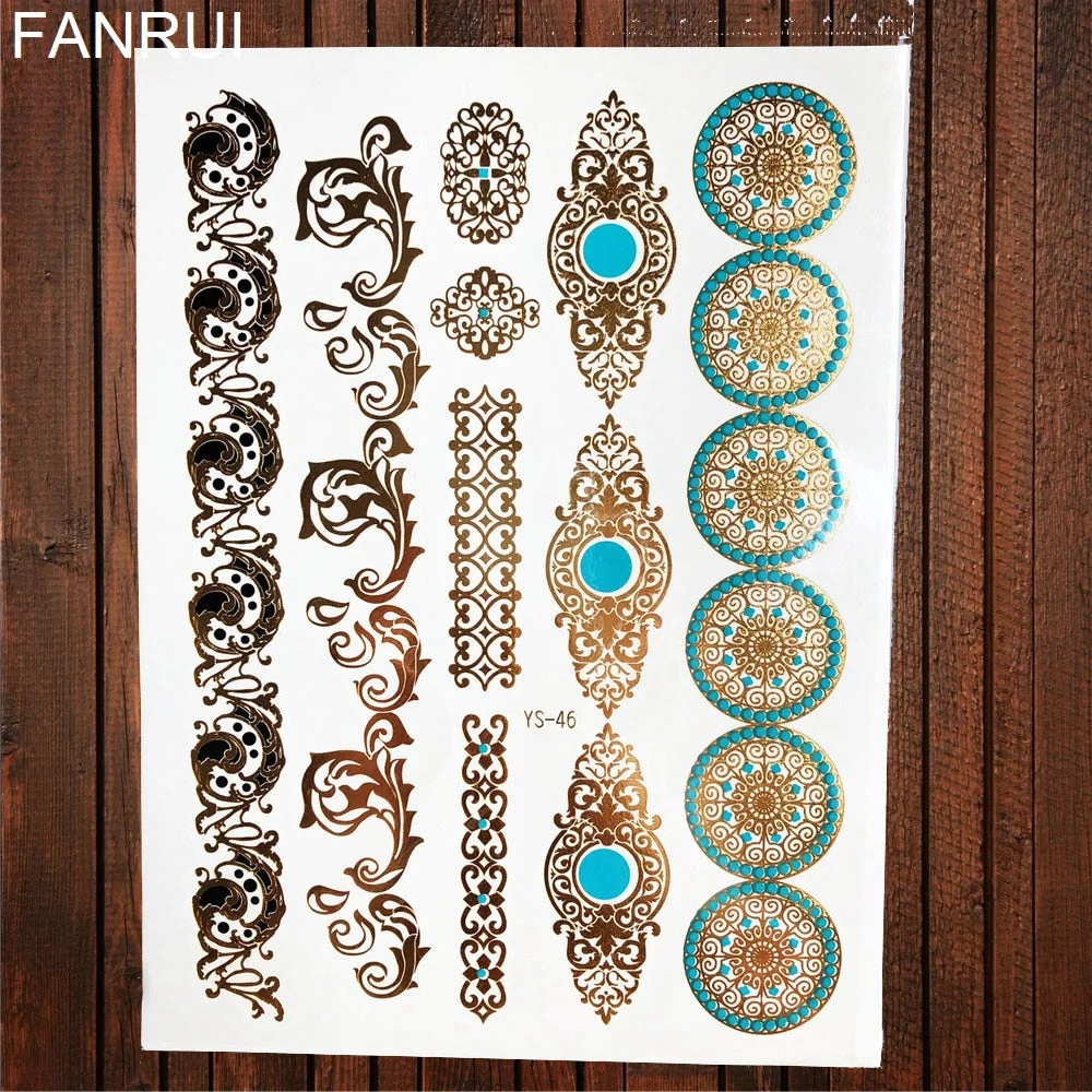 Golden Metallic Bracelet Temporary Tattoo Henna Mandala Flower Girl Tattoo Stickers Indian Chain Women Arm Flash Fake Tatoos Leg