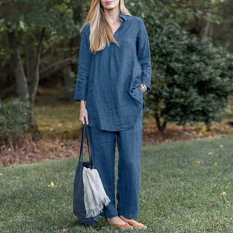 Elegant Shirt Wide Leg Pants Solid Color 2pieces-Suit