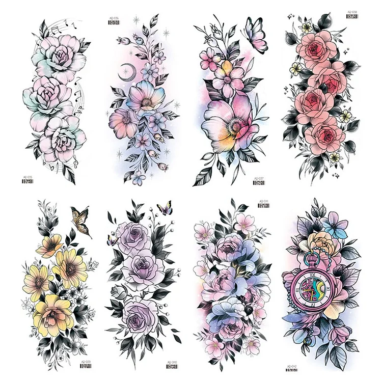 8 Sheets Watercolor Flower Clock Temporary Tattoo Stickers 