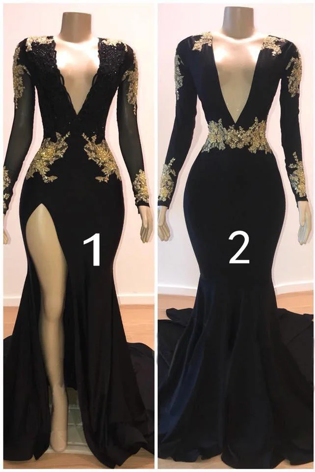 Miabel Black Long Sleeves Prom Dress With Gold Appliques