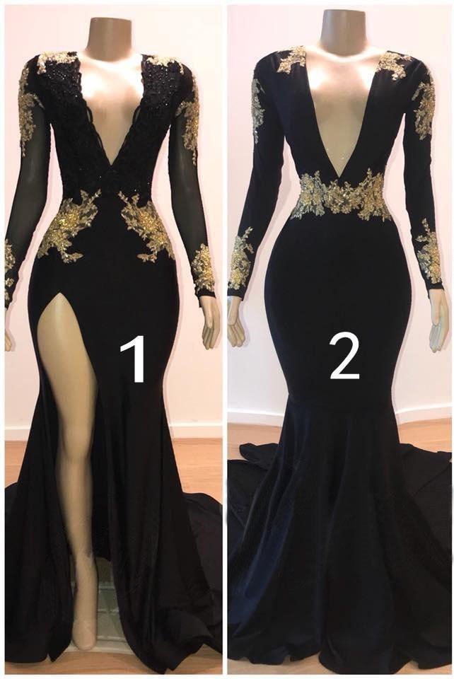 Long Sleeves Black Prom Dress With Gold Appliques | Ballbellas Ballbellas