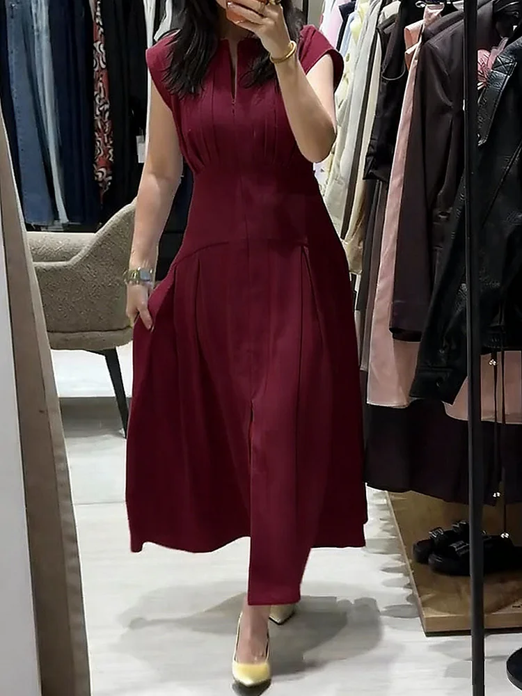 Women's Solid-color V-neck Sleeveless Casual Loose Cotton-linen Dress