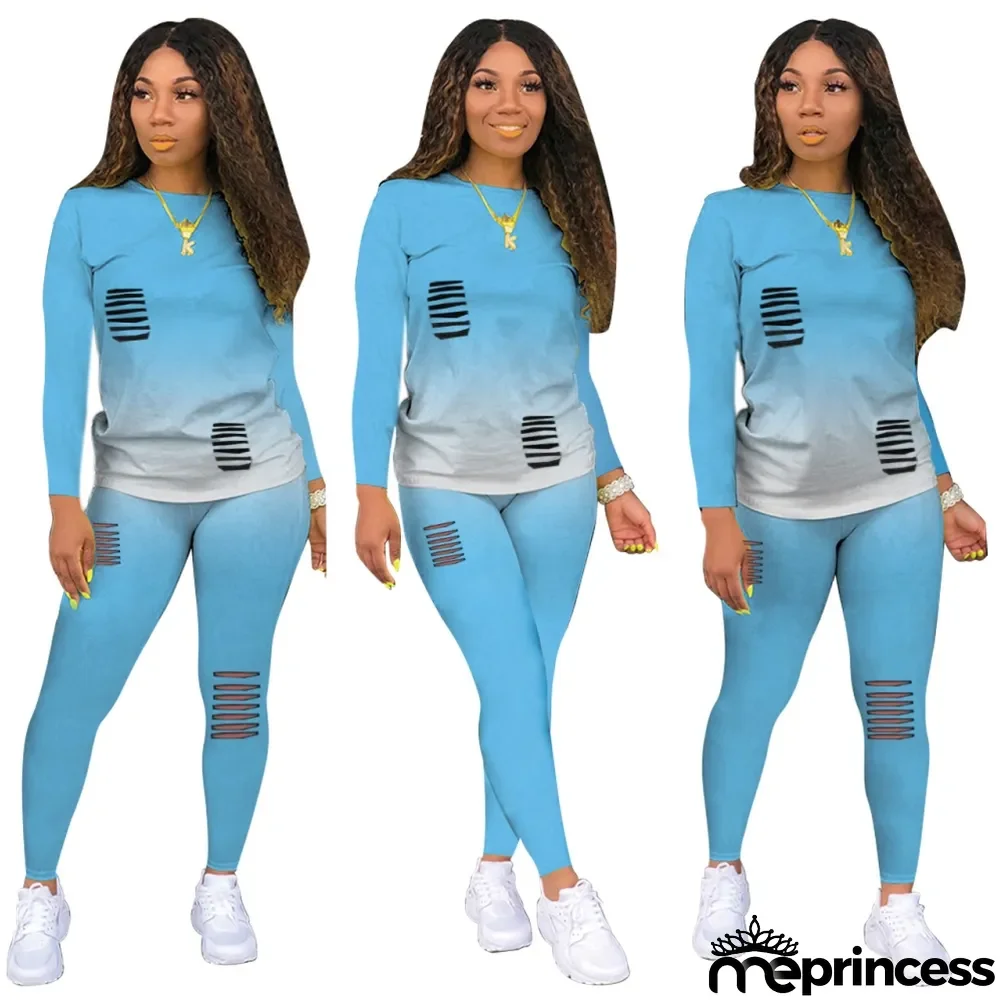 Gradient Two Piece Matching Ripped Pants Set