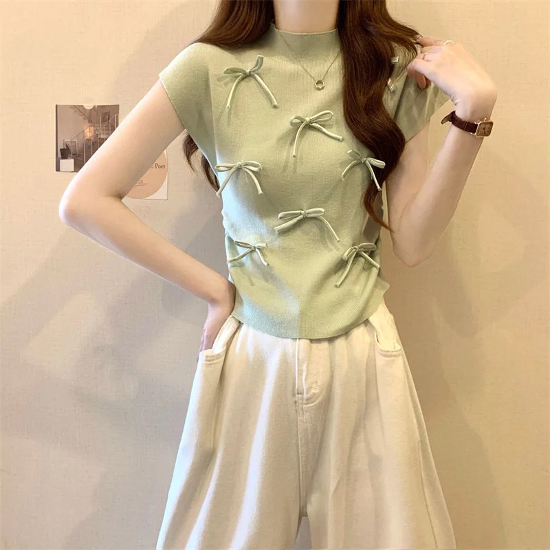 Uveng Uveng Wind Gentle Niche Bow High-Neck Short Sleeve New T-Shirt Summer Slimming Short Blouses Ins