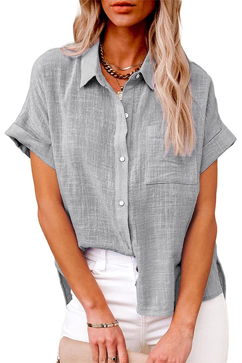 Plus Size Everyday Gray Cotton And Linen Short Sleeve Button Blouse 2024 - Flycurvy 