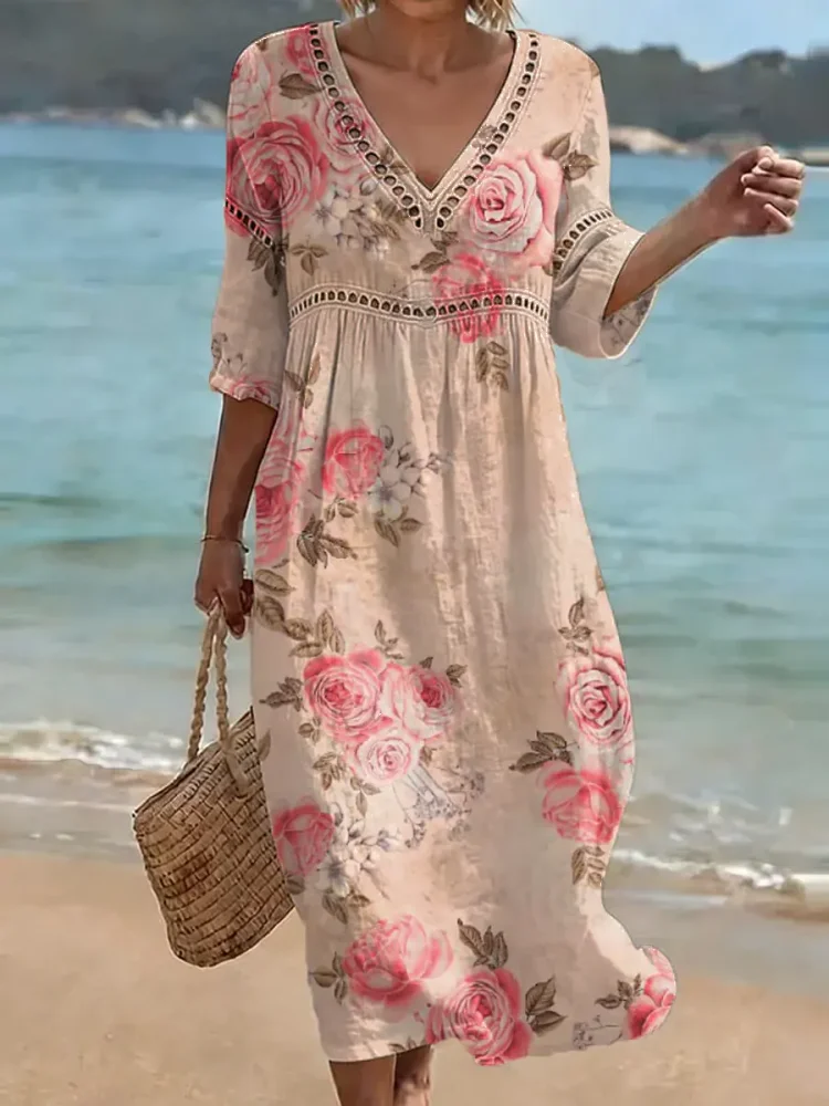 Women's Retro Floral Pattern Art Print Casual Stylish Cotton Linen Dress