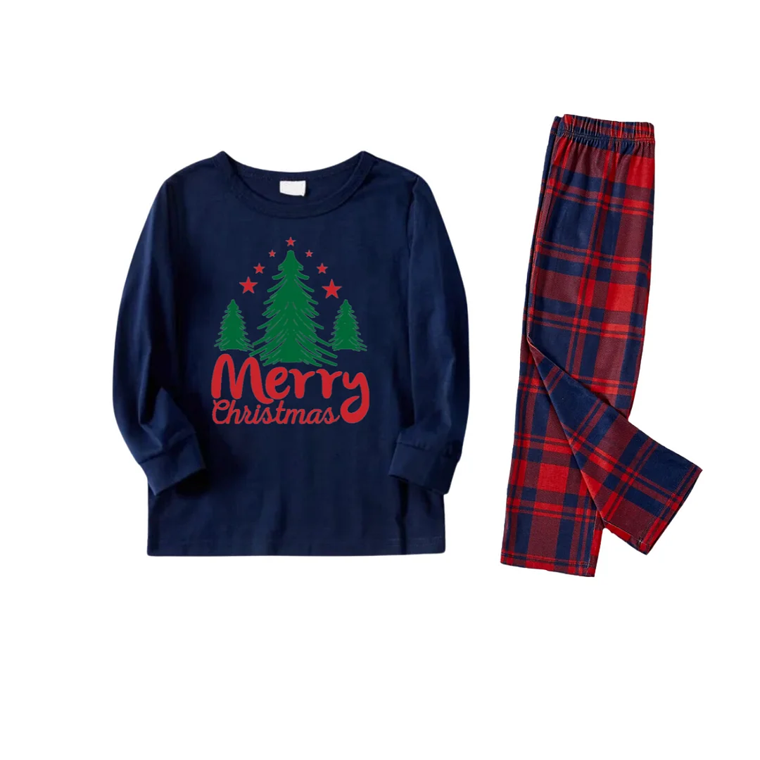 Green Christmas Tree "Merry Christmas" Letter Print Blue Long Sleeve Top with Red & Blue Plaid Couple Matching Pajamas