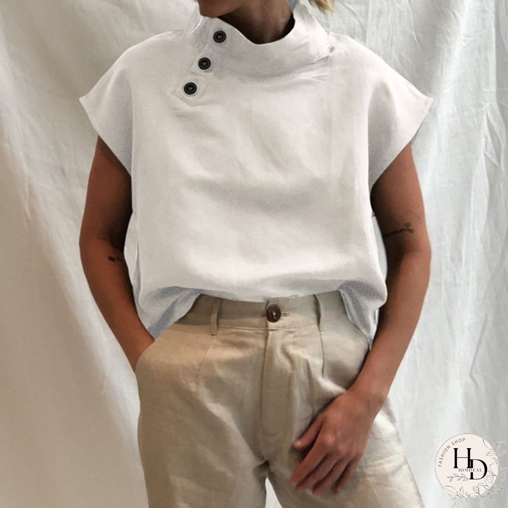 Summer Women Batwing Short Sleeve Blouse Cotton Linen High Collar Casual Loose Shirt Plus
