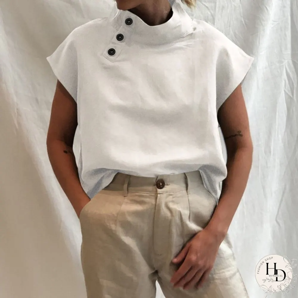 Summer Women Batwing Short Sleeve Blouse Cotton Linen High Collar Casual Loose Shirt Plus