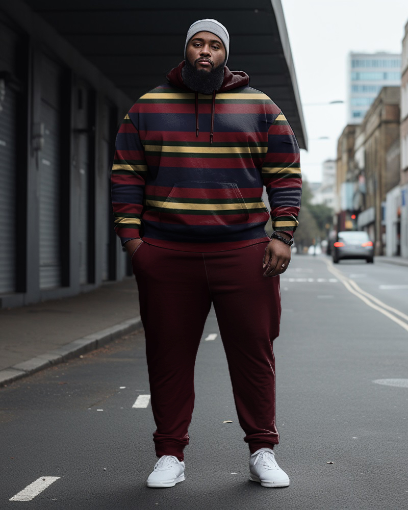 Men's Plus Size Striped Casual Hoodie and Sweatpants Two Piece Set