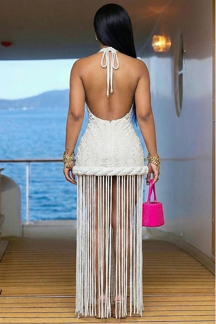 Loragal Halter Deep V Neck Guipure Lace Ruched Fringe Maxi Dresses-White White-S