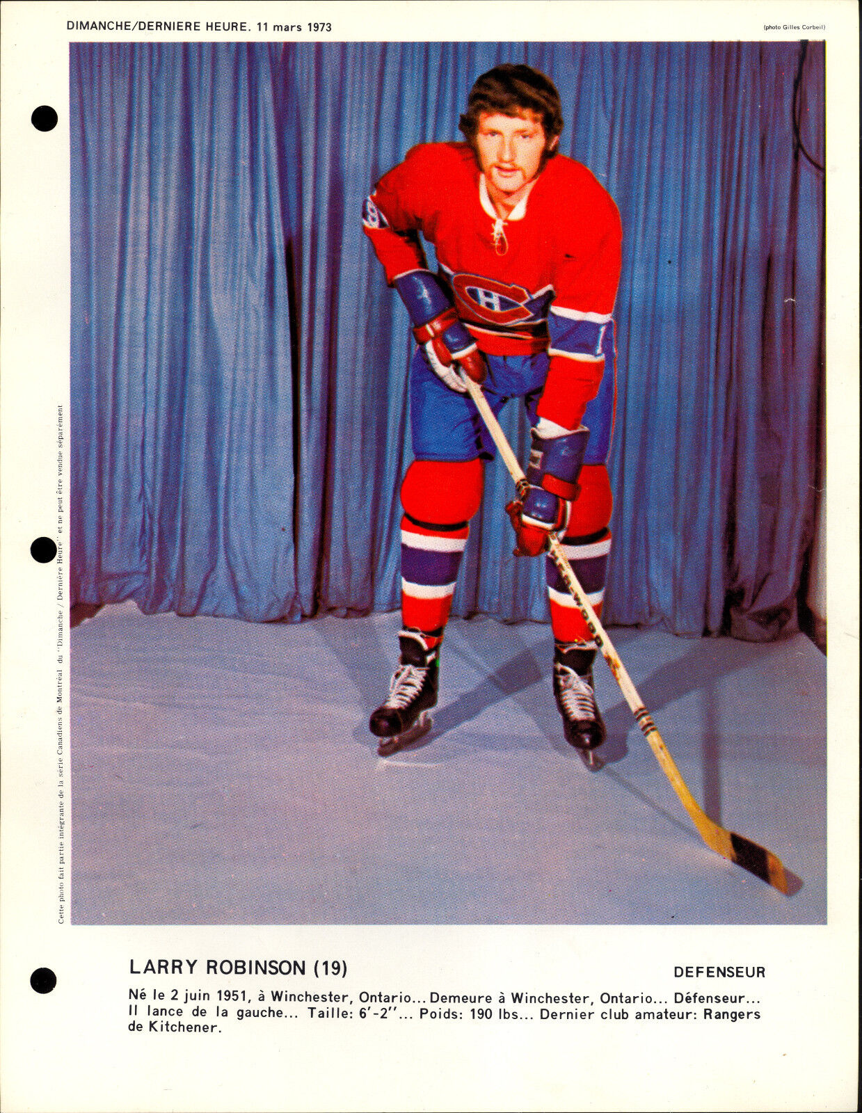 1973 Larry Robinson RC year MONTREAL CANADIENS EX= DIMANCHE DERNIERE 8X11 Photo Poster painting