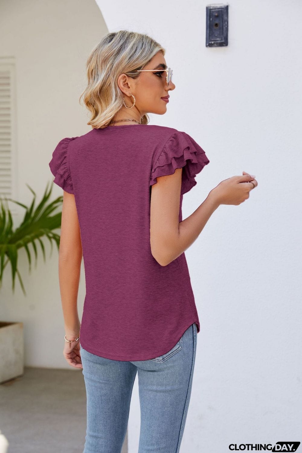 Smocked Flutter Sleeve V-Neck Top
