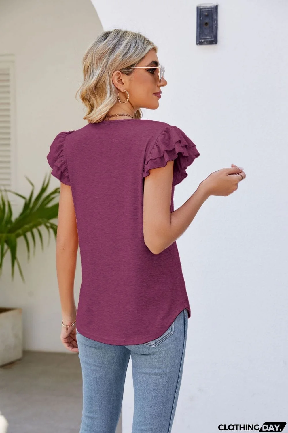 Smocked Flutter Sleeve V-Neck Top