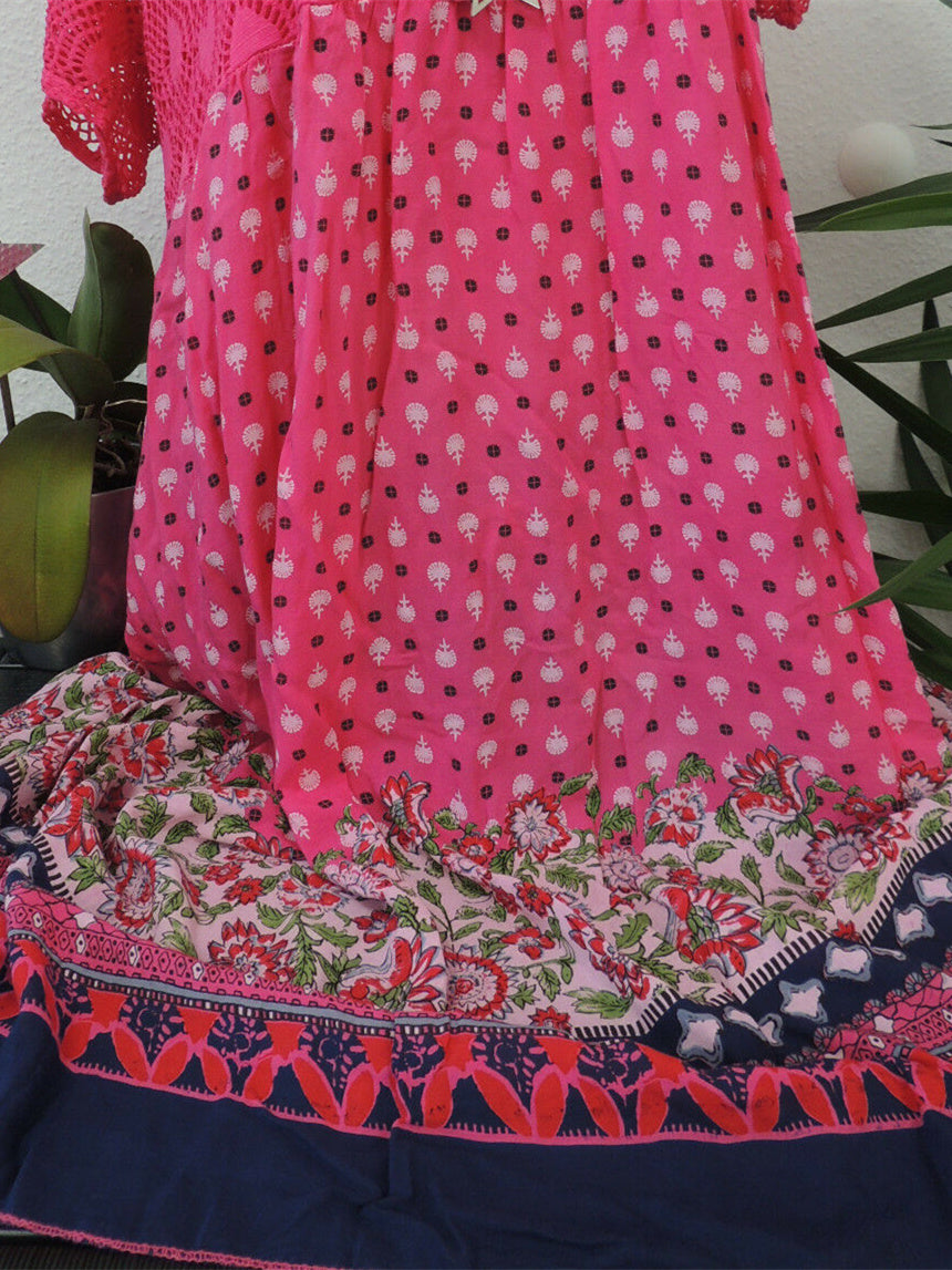 Women Short Sleeve Scoop Neck Floral Printed Lace Stitching Tops