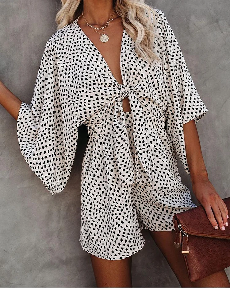 Dot Print Short Sleeve Loose Lace-up Rompers