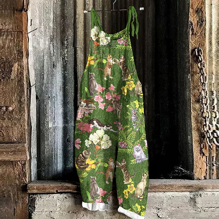 Vintage Floral Kitten Graphic Casual Loose Jumpsuit