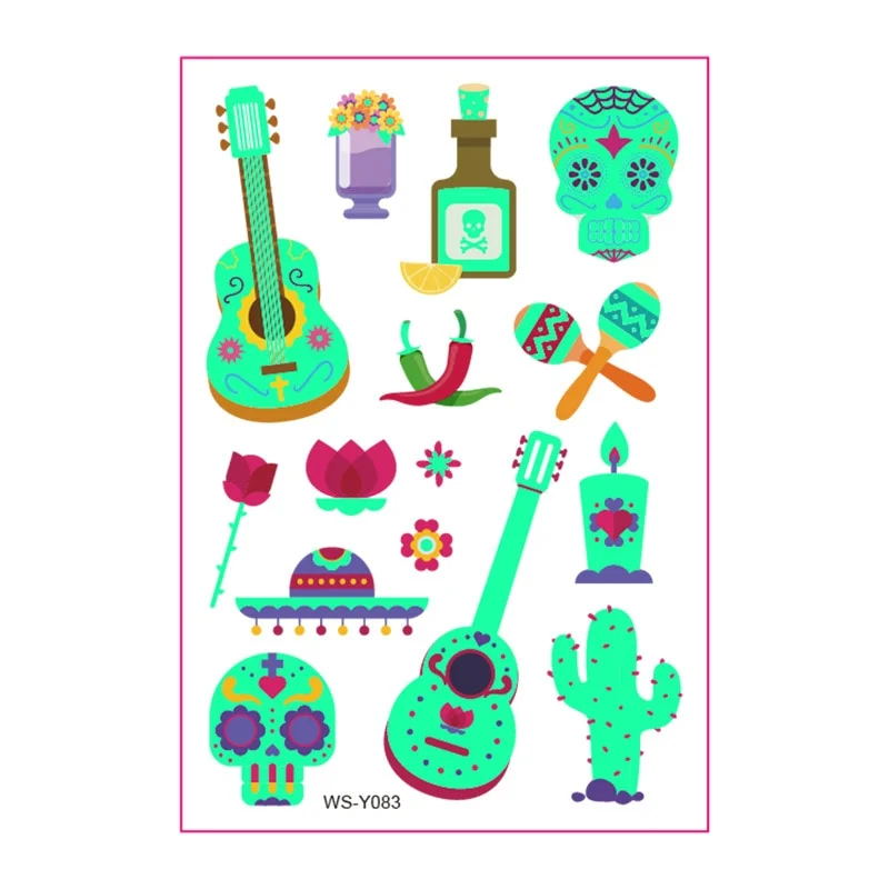 New Day of the Dead Luminous Fluorescent Tattoo Sticker Children's Cartoon Waterproof Guitar Halloween Skull Tattoo