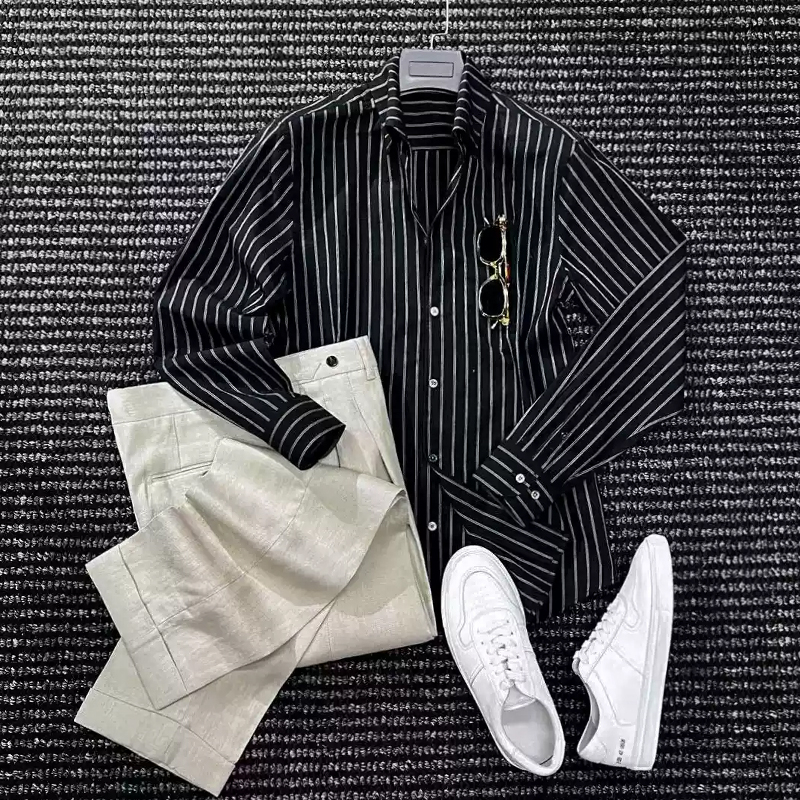 Men's Vintage Linen Striped Long Sleeve Shirt
