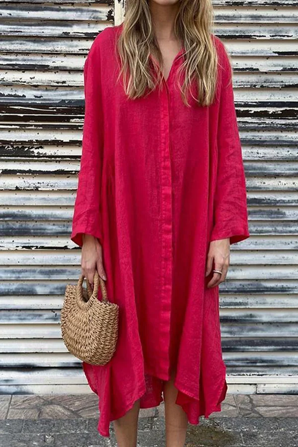 Solid Stylish Long Sleeve Linen Women Dress