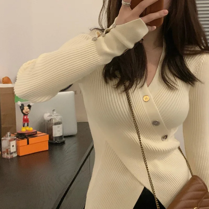 Ueong Ueong 2023 Pure And Slim V Neck Sweater Cross A4 Waist Slim Slit Sleeve Knit Long Sleeve Inside