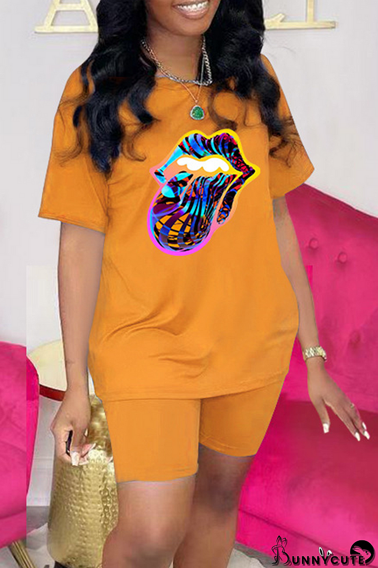 Orange Fashion Lips Printed Patchwork O Neck Short Sleeve Two Pieces