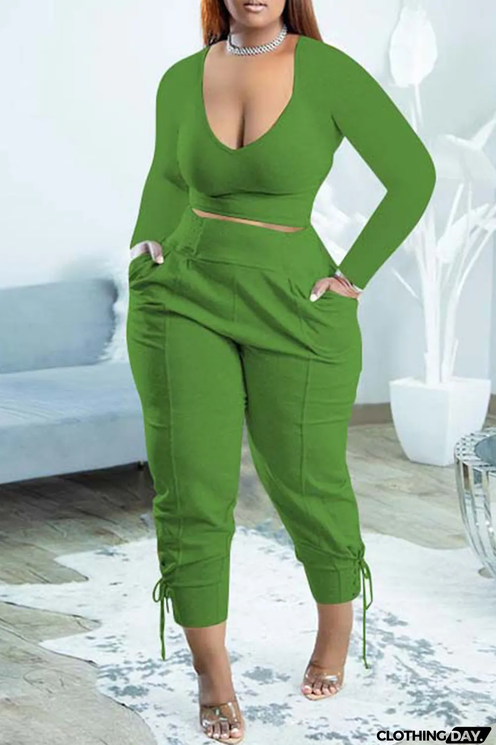 Black Casual Solid Bandage Patchwork V Neck Long Sleeve Two Pieces