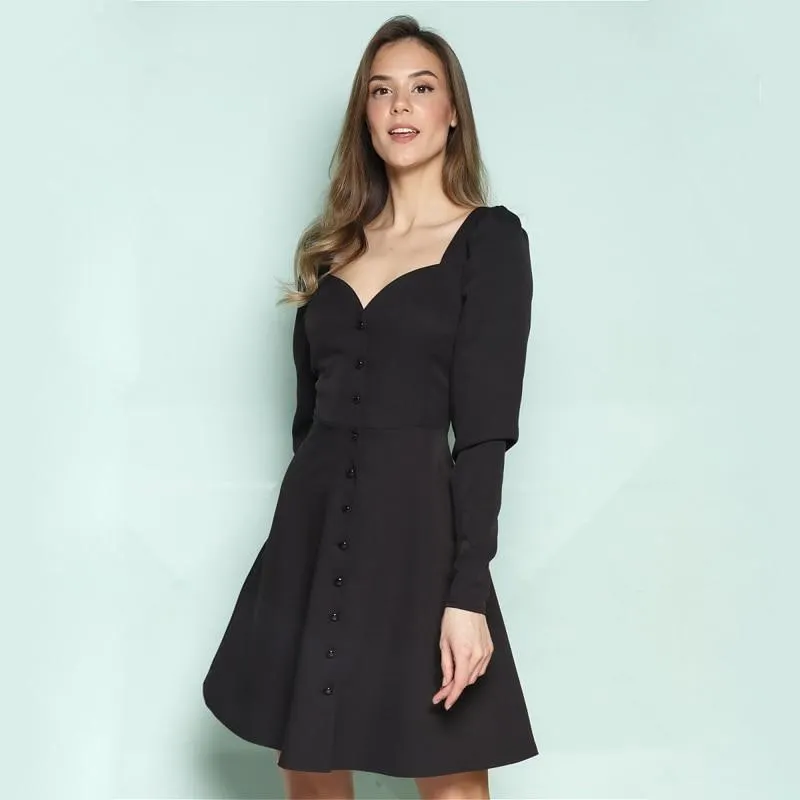 Vintage Button Dress Vestidos Ladies Trendy Solid Puff Sleeve A-line Mini Dress Women Elegant Slim All-match Mini Dress Autumn