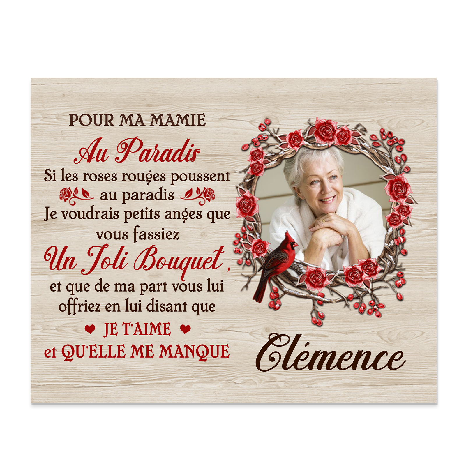 À ma Mamie - Cadre en Bois Commémoratif 1 Prénom et Photo Personnalisés