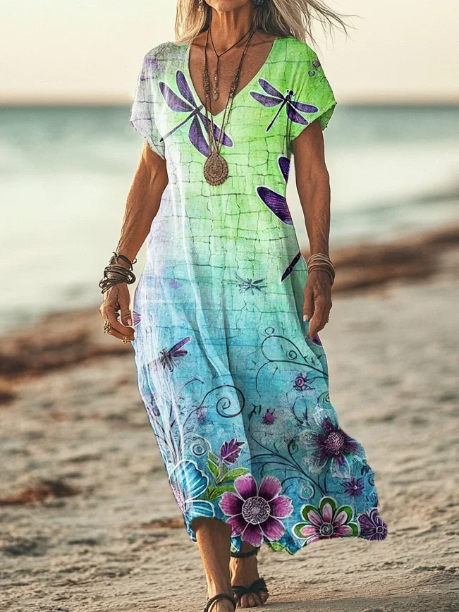 Women's Vintage Dragonfly Art Print Pocket Cotton Dress