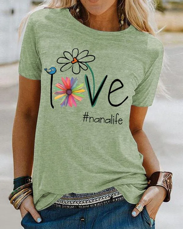 vintage short sleeve statement floral letter printed crew neck plus size casual tops p200380