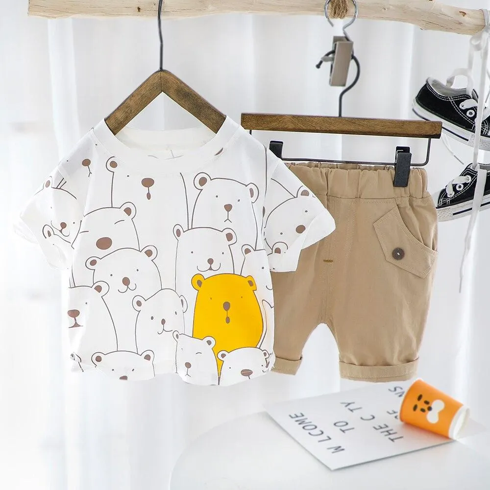 Clothes for Newborn Baby Boys Summer Set Cartoon Bear T-shirt Khaki Shorts 2 Pieces Children Outfits Short Sleeve Toddler