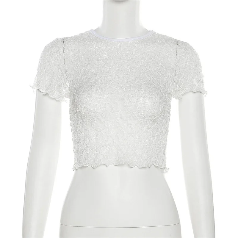 Uveng 2024 Summer Fashion Trend Women's New Round Neck Short Sleeve Mesh Exposed Umbilical Repair T-Shirt