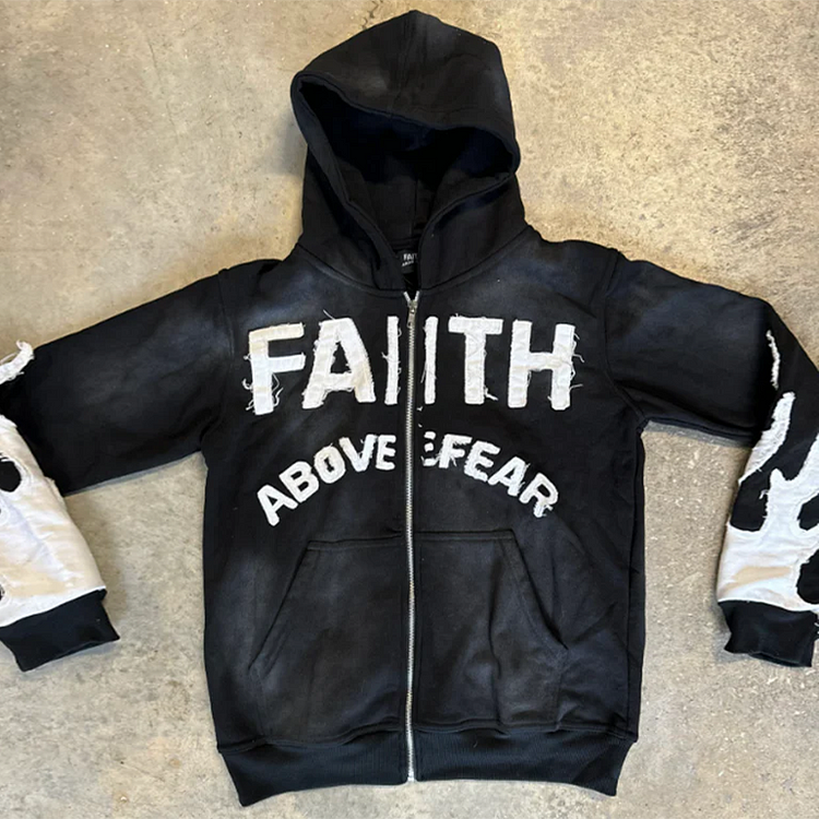 faniith above fear patchwork zip-up hoodie